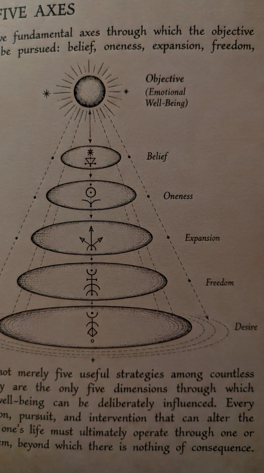 The five axes of belief, oneness, expansion, freedom, and desire inside The Reality Manual